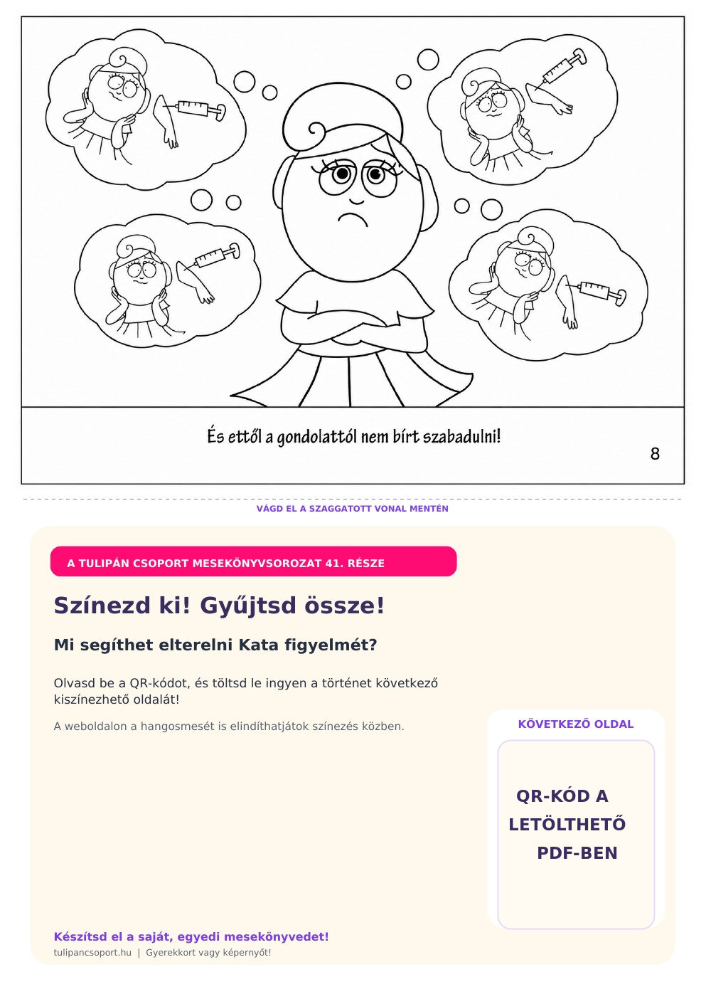 Kata nem tud szabadulni a félelmetes gondolattól – ingyenes nyomtatható színező óvodásoknak